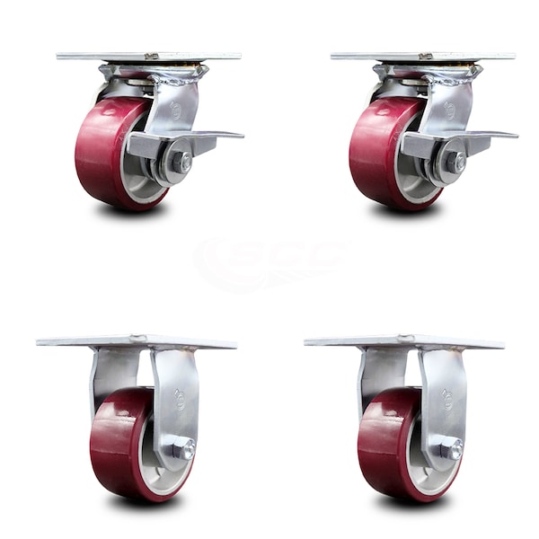 4 Inch Poly on Aluminum Caster Set with Ball Bearing 2 Brakes and 2 Rigid SCC
